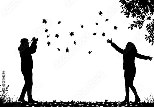 Silhouette Photography Couple Enjoying Autumn's Falling Leaves, Romantic Fall Scene