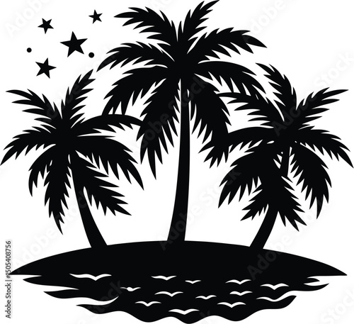 Two Pine Trees And One Palm Tree On Island Silhouette