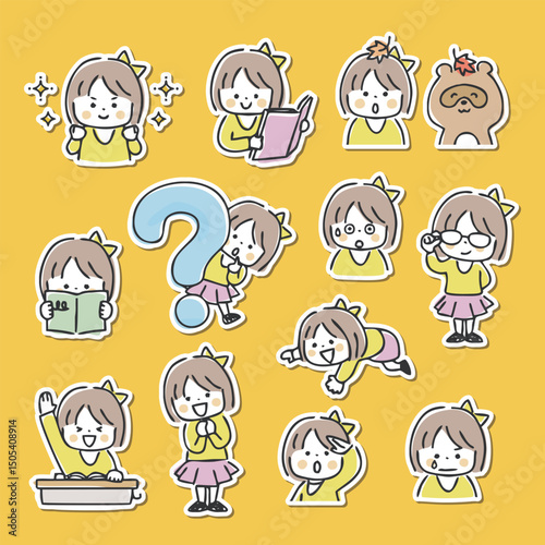 かわいい女の子のイラストセット　白いフチあり