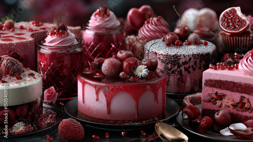 Pink desserts set with heart decorated cakes, berry cupcake, mousse slice, romantic cheesecake. Sweet pastry collection decorated with red topping, cream swirls, cherries for Valentine celebration.