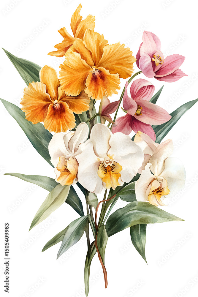 Naklejka premium Watercolor tropical bouquet with yellow white and pink orchids and green exotic leaves isolated on transparent background
