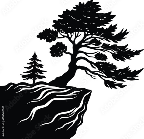 Wind Blown Pine Tree Silhouette On A Cliff Edge