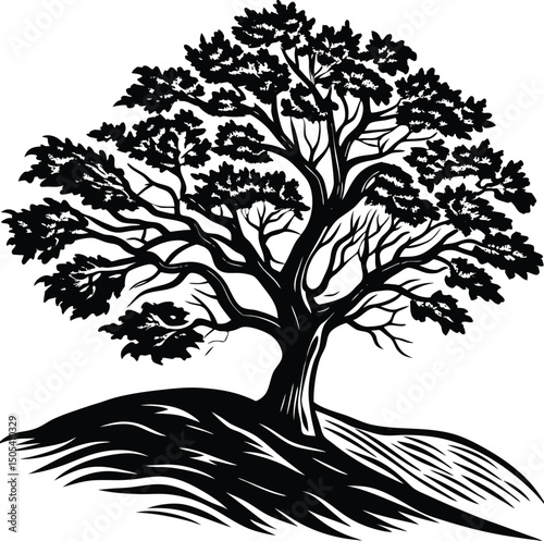 Wind Blown Oak Tree On A Hilltop Silhouette
