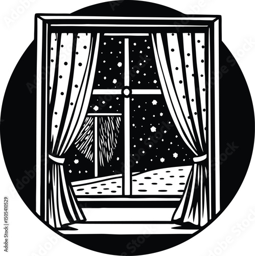 Window With Curtain And Snow Falling Outside