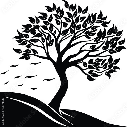 Windswept Tree Silhouette On A Hill