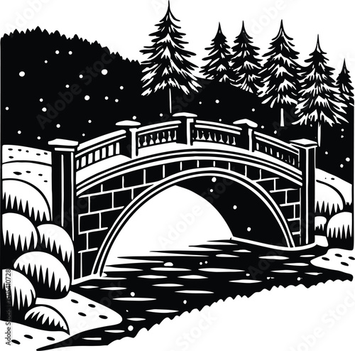 Winter Bridge With Falling Snow