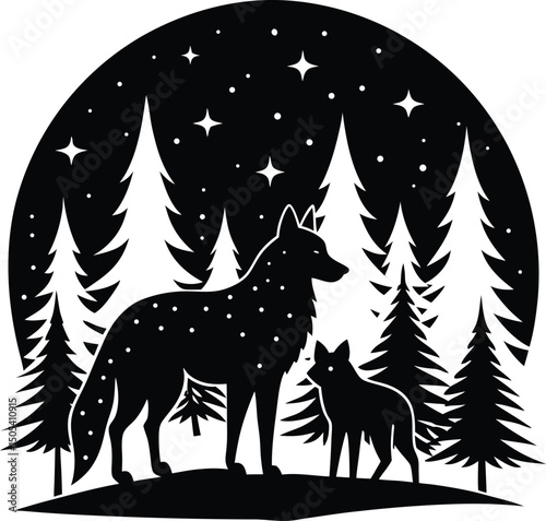 Wolf And Cub Under Starlit Forest Silhouette