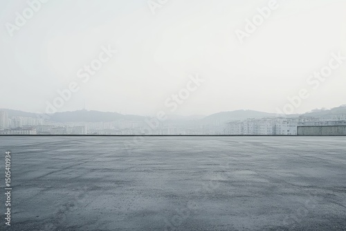 Empty rooftop parking lot overlooking a hazy cityscape.