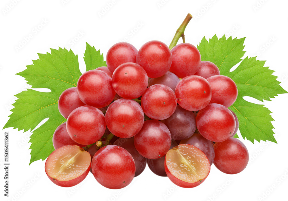 Obraz premium Red grapes bunch with leaves isolated on transparent background