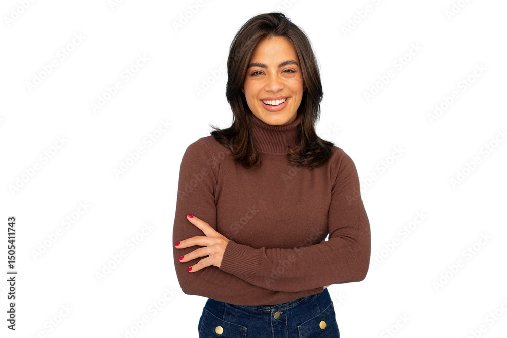 Confident businesswoman standing with crossed arms, radiating professional demeanor against neutral backdrop Confident businesswoman standing with crossed arms, radiating professional demeanor against neutral backdrop