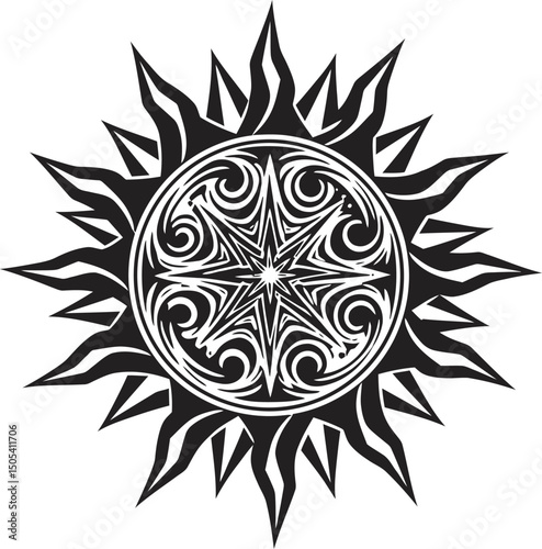 Intricate Tribal Sun Mandala Design Black and White Vector Illustration