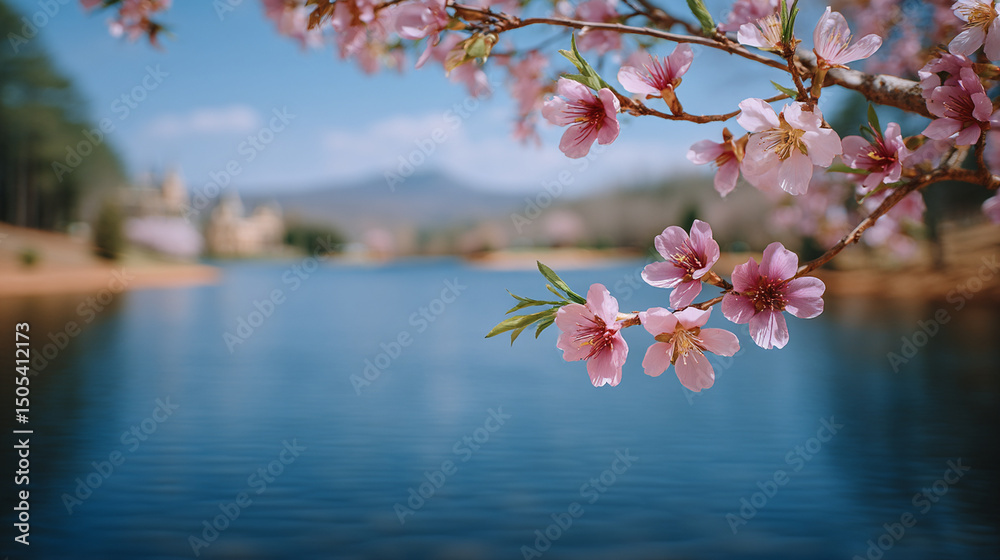 Fototapeta premium Photo of cherry blossoms in the park, with a blurred background and blue sky