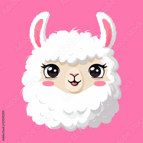 Adorable Fluffy Llama Face Cute Cartoon Illustration of a Happy Alpaca