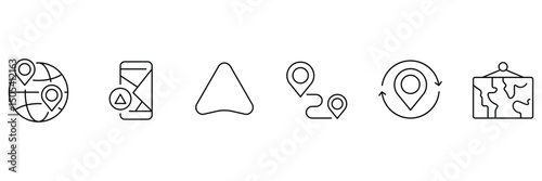 Set of 6 outline icons related to navigation, gps, push, map marker, geolocation, flag, location, route. Location icon set. Map pin line icon set. Vector collection.