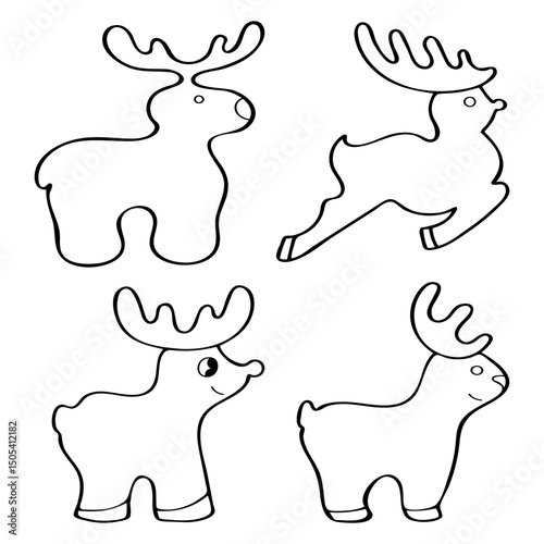 Deer set. Hand drawn vector illustration. Forest animal with antlers. Doe, elk, wapiti, maral. Doodle outline line art group of elements.