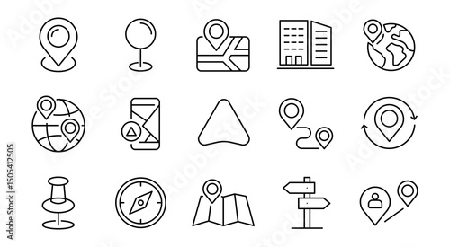 Set of 15 outline icons related to navigation, gps, push pin, map marker, geolocation, flag, positio location, route. Location icon set. Map pin line icon set. Vector collection.