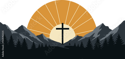 Majestic Mountain Sunrise with Cross A Peaceful Christian Landscape Illustration