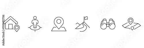 Set of 6 outline icons related to navigation, gps, push, map marker, geolocation, flag, location, route. Location icon set. Map pin line icon set. Vector collection.