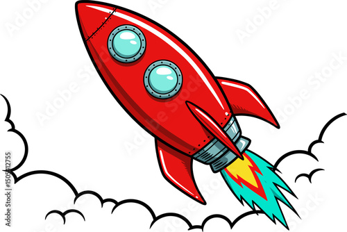 Retro Red Rocket Ship Illustration Vintage Spacecraft Design, Blast Off into Adventure