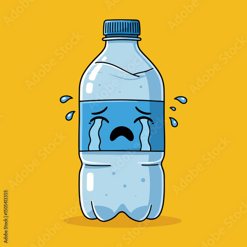 Sad Cartoon Water Bottle Illustration  Depicting Plastic Waste and Environmental Concerns