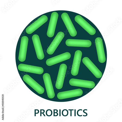 Probiotics, microbiome flora, lactobacillus bacteria in circle.