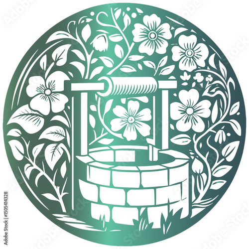 A vector illustration of an abstract floral pattern with a rustic water wells