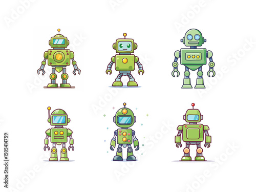 Kawaii Robot Soldier Vector – Cute and Funny Green Robot Warrior in Cartoon Style with Helmet and Weapons for Children’s Graphics and Tech-Themed Projects