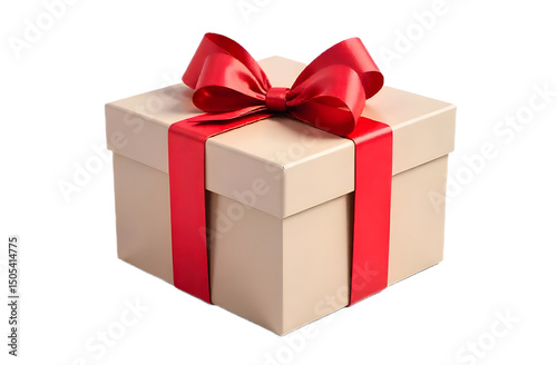 Beige present box with red ribbon and bow isolated on transparent background 