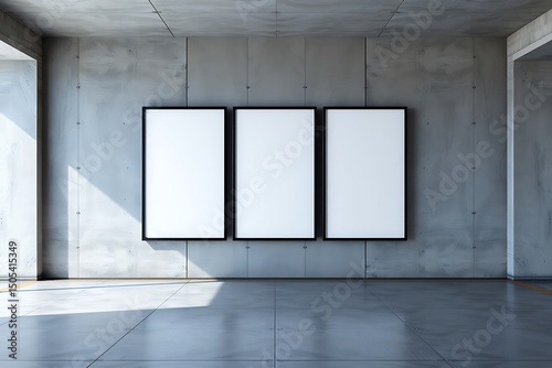 3D rendering, mockup of three blank white posters in black frames on grey wall background in abstract subway with concrete glossy floor.	
