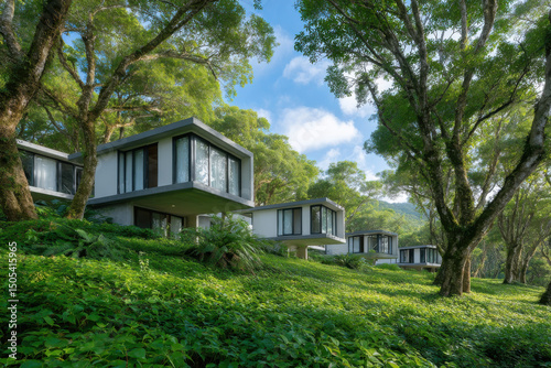 serene eco hotel composed of modern capsule houses nestled in lush greenery surrounded by tall trees and clear blue