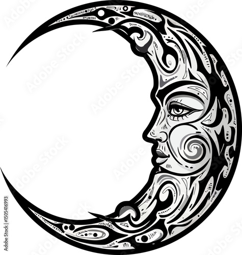 Ornate Crescent Moon with Tribal Design and Feminine Face Illustration