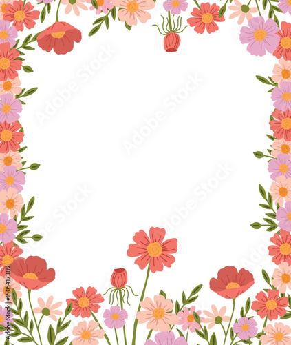 A hand-drawn floral illustration frame with an empty space for text. It is ideal for decorating summer-themed goods, invitations, packaging and advertising designs with a natural