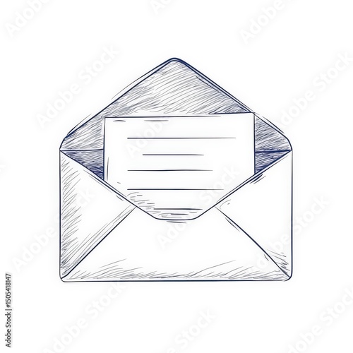 Open envelope with letter sketch in blue ink on white background