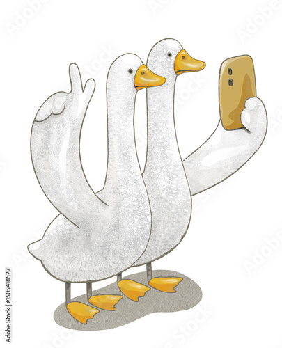 Funny cartoon geese taking selfie with smartphone, white birds making peace sign, humorous animal illustration