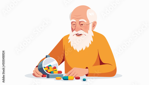 Elderly man organizing colorful vitamins with care, health concept