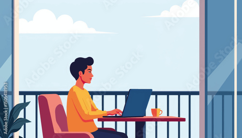 Focused remote work on balcony with laptop, modern lifestyle