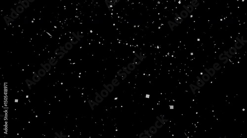 White confetti falling against a black background, perfect for celebration events, New Years Eve, birthdays, festive occasions, parties invitation.