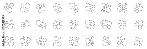 Soap Bubbles Line Icon Set. Variety Of Soapy Floating Air Bubbles With Reflective Highlights Outline Symbol Collection. Editable Stroke. Isolated Vector Illustration