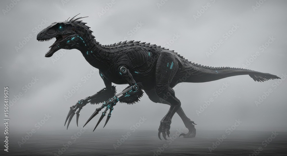 Fototapeta premium Realistic raptor dinosaur in foggy terrain with natural lighting