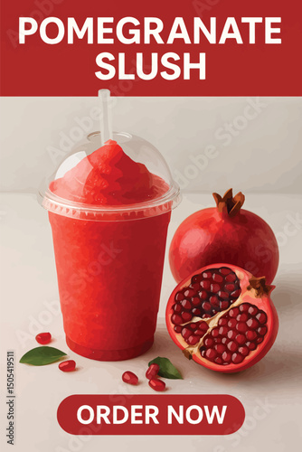 Pomegranate Slush Drink in Clear Cup with Fresh Whole and Halved Fruit – Refreshing Beverage Concept