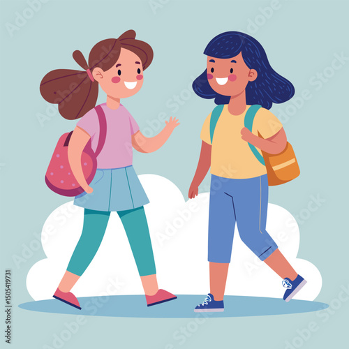 girls walking chatting with backpacks.