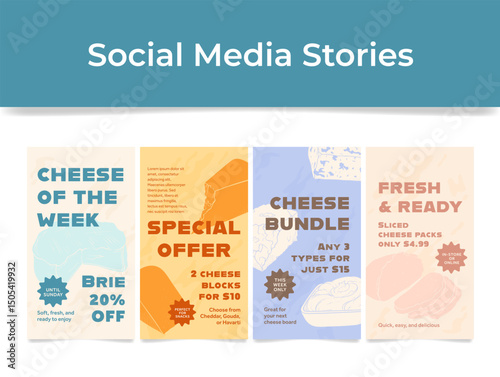 Creative marketing banners display offers from a cheese store, featuring cheese of the week, special price bundles, and fresh and ready options to attract customers.