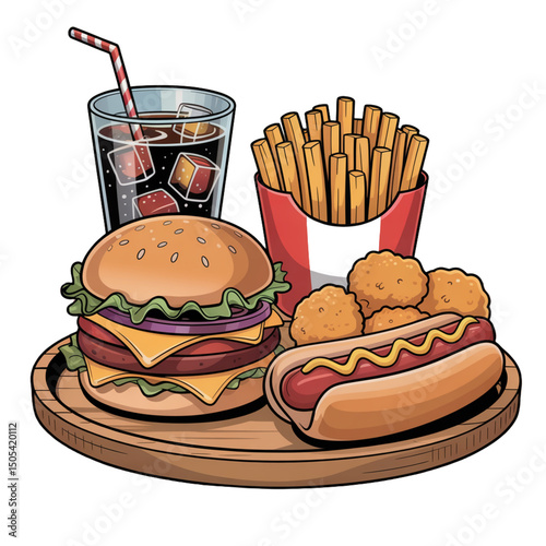 A vibrant burger, hot dog, and fries sit on wooden board on transparent background