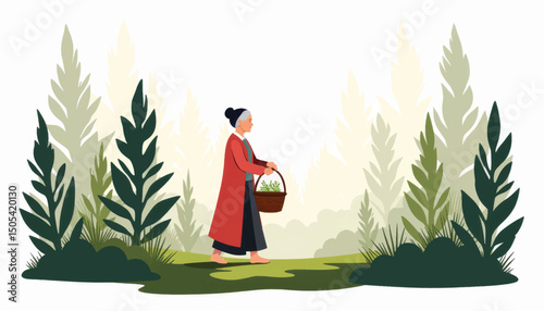 Elderly woman walking through forest with basket, nature's bounty