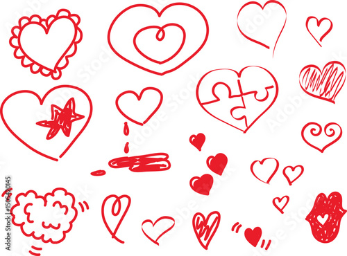 Set of cute hearts hand drawn with a red brush with curved outlines. Heart puzzle, red lips, three flying hearts, shaded heart, hole in heart, double heart, blood dripping from the heart