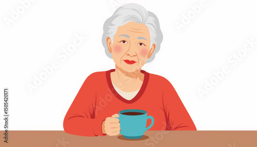 Elderly woman enjoying hot cocoa at minimalistic table, comfort and warmth