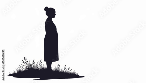 Contemplative silhouette of pregnant woman on plain background, motherhood