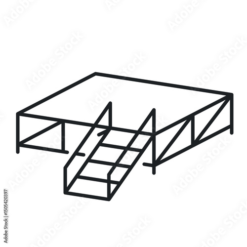 Icon of a stage designed for performances, with a simple, minimalist structure. The stage includes steps for easy access, suitable for events in various settings.