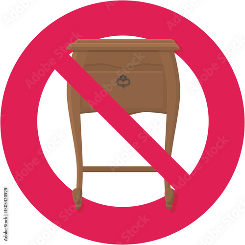 Old bedside table with a circular red strikethrough prohibition symbol in flat design style (cut out)