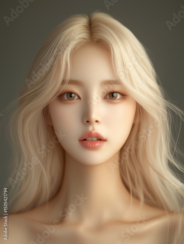Captivating portrait capturing the beauty of a young Korean woman with flowing blonde hair and striking features